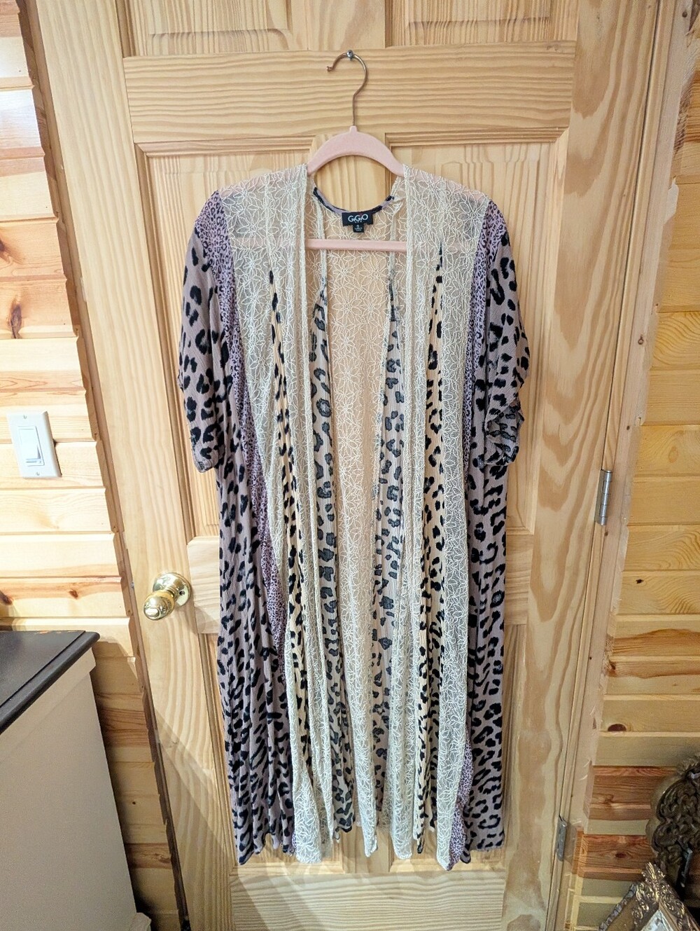 Women's GiGio S Leopard Print Lace-Trimmed Kimono Cardigan in Taupe